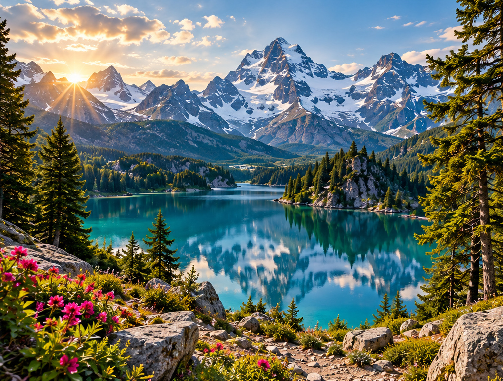 Turquoise alpine lake reflecting snow-capped mountains at sunrise