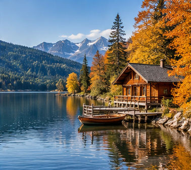 Scenic travel photograph: lakeside cabin